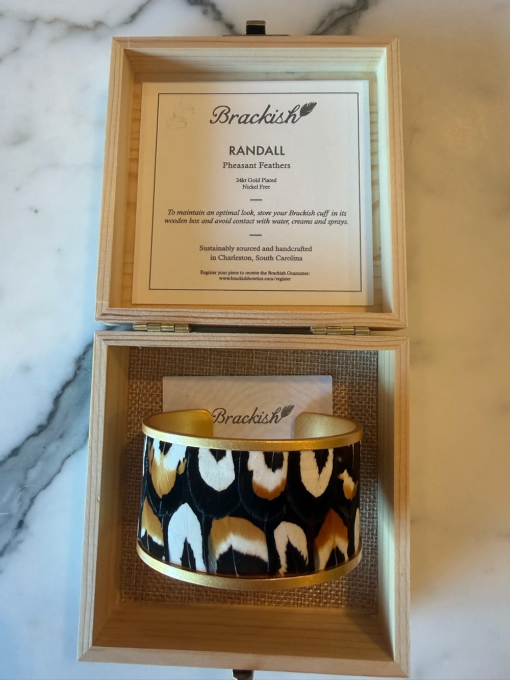 Brackish Randall Pheasant Feather Cuff Bracelet - Black, White, Gold